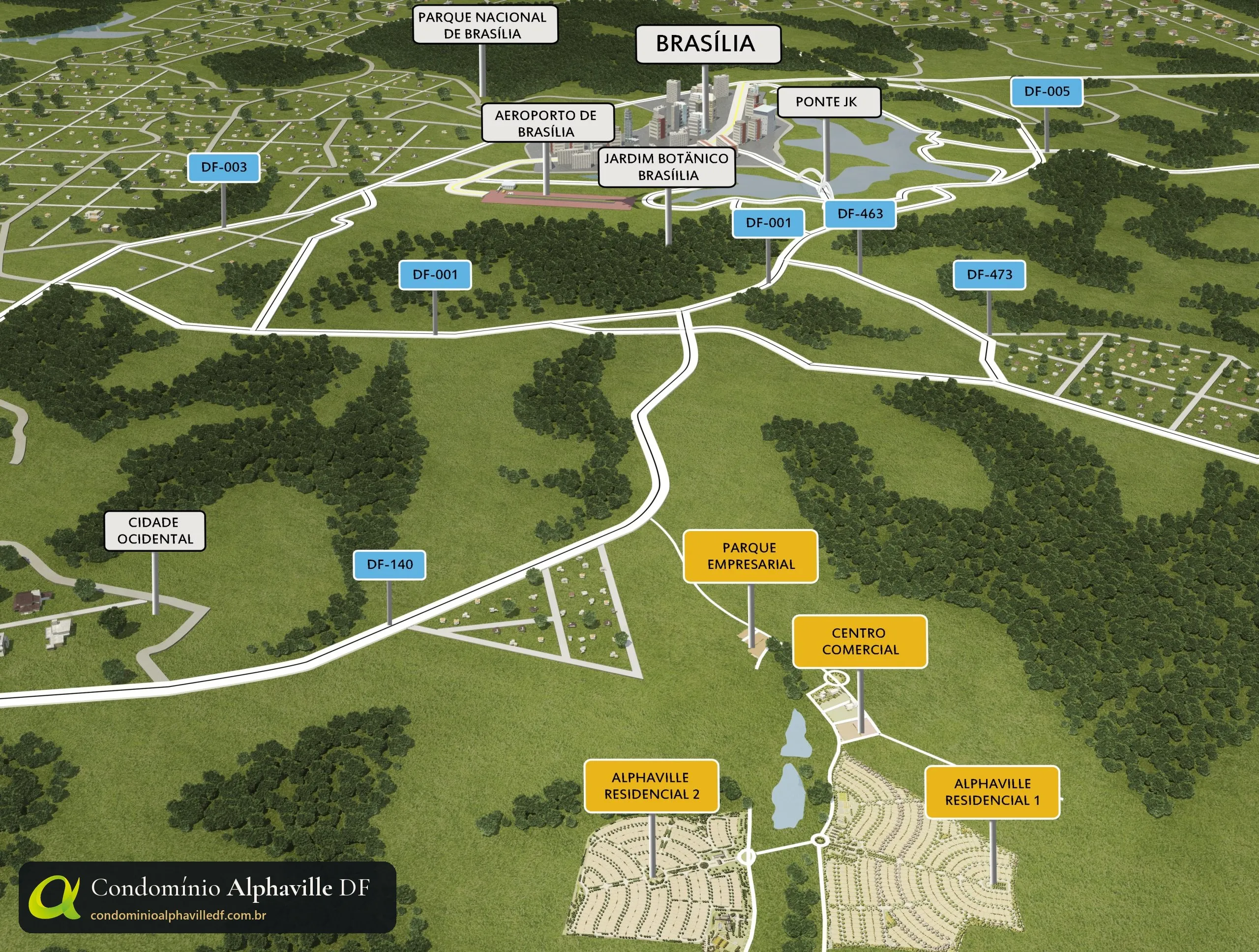 Maqueta de ubicación de Alphaville Brasília en relación con Brasilia, el puente JK, el aeropuerto y la DF-140