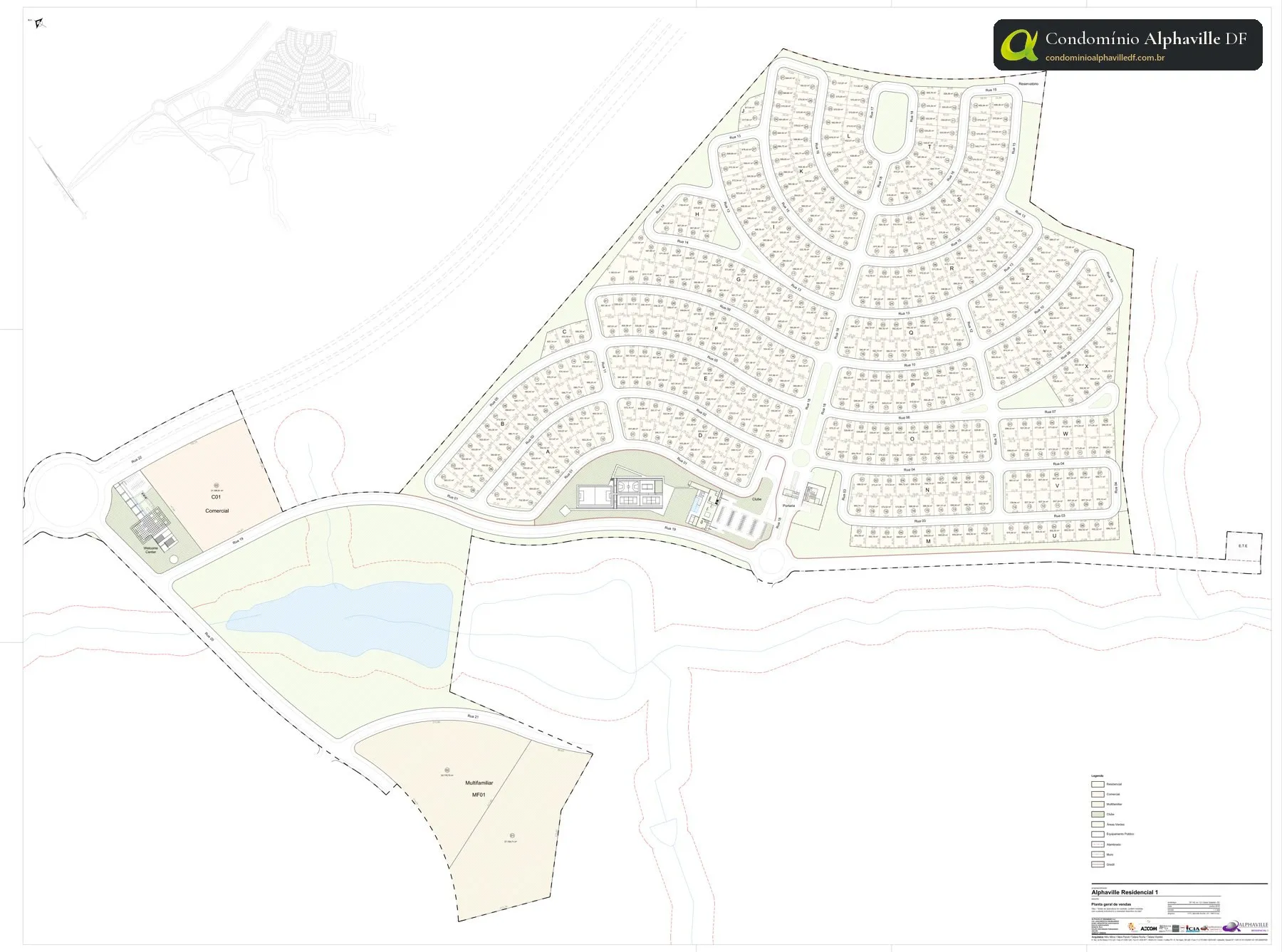 Mapa de lotes del Alphaville Residencial 1 en Brasilia: plano general de ventas con manzanas y lotes numerados